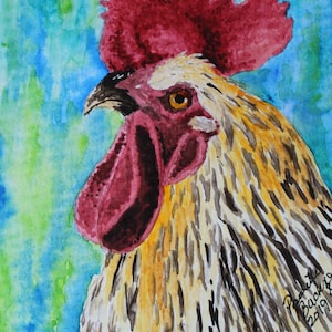 Cartão de impressão em aquarela de galo multicolorido-1 cartão em branco dentro, pintado à mão
