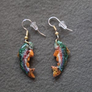 Rainbow Trout Bone Earrings-Handmade, Recycled, Hand Painted, Sculpted