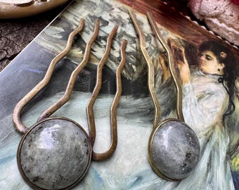 Labradorite Hair Fork | Antique Brass Pin, Vintage Style Hair Accessory