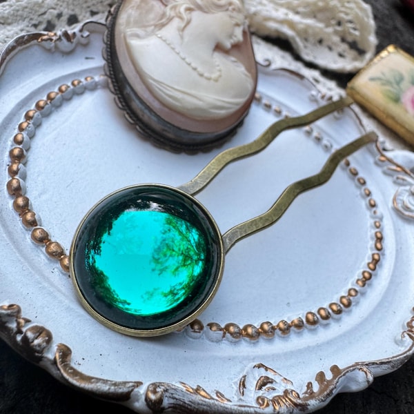 Emerald Vintage Glass Hair Fork • Brass Art Nouveau Hair Pin • Limited Holiday Edition