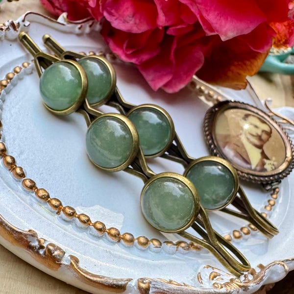 Green Aventurine Crystal Hair Pins, Vintage Brass Bridal Accessories Set