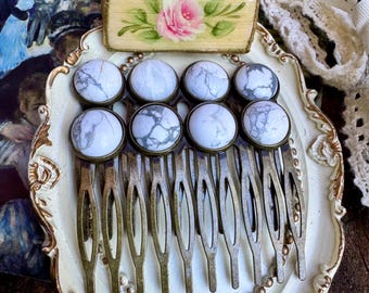 White Howlite Hair Comb Set – Brass Bridal Hair Piece