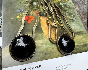 Black Agate Hair Fork Set - Natural Gemstone Brass Hair Accessories