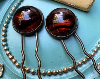Vintage Topaz Glass Hair Fork – Amber Ebony Bronze U-Pin