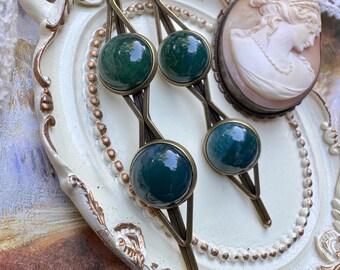 Moss Agate Hair Pins, Set of Two, Natural Stone Hair Clips