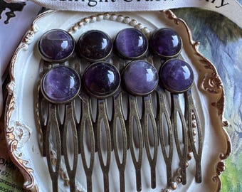 Amethyst Bridal Hair Combs Set – Vintage Gemstone Slides in Antique Brass