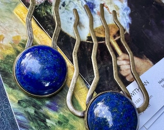 Lapis Lazuli Hair Fork Set: Vintage Brass Bun Holder - Handmade