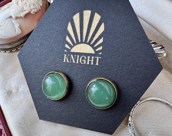 Natural Green Aventurine Stud Earrings in Antique Brass | 10mm Gemstone Earrings