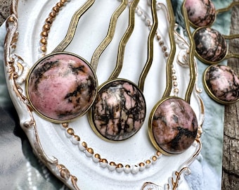 Rhodonite Hair Fork – Antique Brass Two Prong Bun Pin