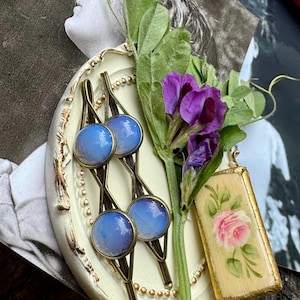 Épingles à cheveux en pierre de lune opaline : ensemble d'épingles à cheveux en laiton antique et cristal