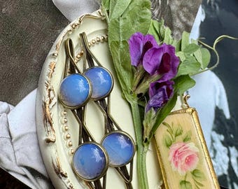 Opalite Moonstone Hair Pins: Antique Brass Crystal Bobby Pin Set