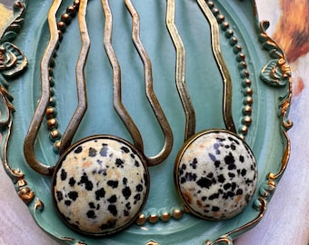 Dalmatian Jasper Hair Fork Set – Antique Brass Bun Holders, Natural Stone Pins