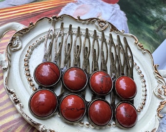 Red Jasper Hair Comb | Natural Stone Antique Brass Hair Accessory