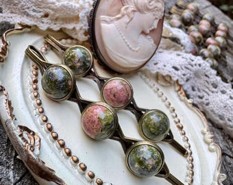 Unakite Gemstone Hair Pins Set – Antique Brass Hair Accessories (Pair)