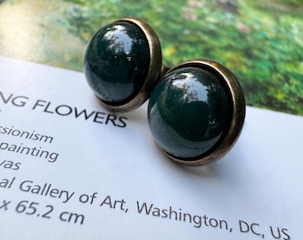 Moss Agate Stud Earrings – 10mm Vintage Brass Setting - Natural Stone Gift Set