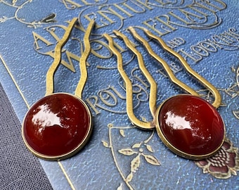 Carnelian Hair Fork Set - Orange Red Natural Stone Hair Accessories