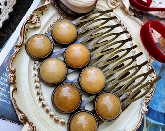 Topaz Jade French Comb Set - Vintage Style Brass Hair Accessories