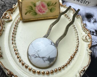 White Howlite Hair Fork - Antique Brass 2-Prong Hair Accessory