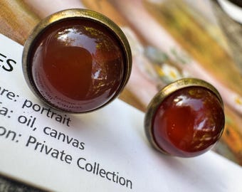 Carnelian Stud Earrings - 10mm Natural Stone Stud Set - Vintage Brass Setting