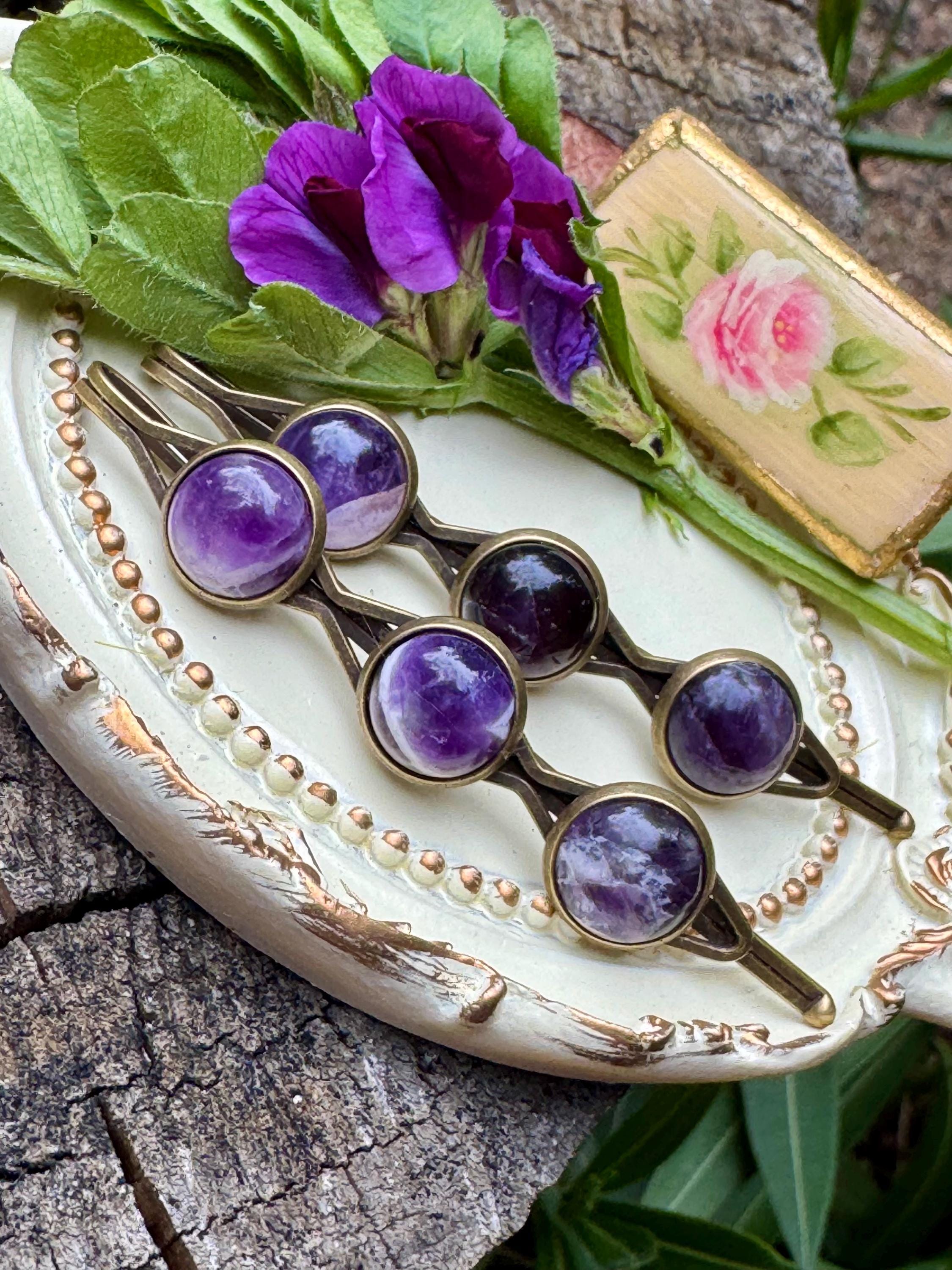New Amethyst Hair Pin Set, Gold Hardware for Clarity, Balance & Inner Healing Amethyst Purple Hair Pin Set, Purple Ballet Hair Pin Set  main image 4