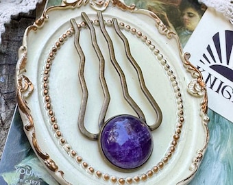 Purple Amethyst Hair Fork – Vintage Style 4-Prong Brass Hair Comb with Natural Stone