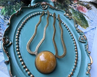 Topaz Jade Hair Fork – Antique Brass Vintage Style Comb, Natural Stone Accessory
