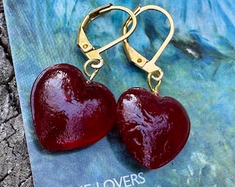 Vintage Red Glass Heart Earrings – Raw Brass Lever Backs