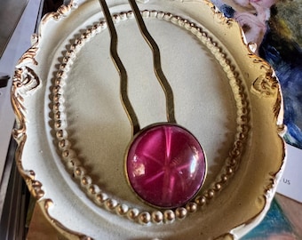Vintage Ruby Pink Glass Hair Fork | Brass 2-Prong Hairpin | Heirloom Hair Jewelry