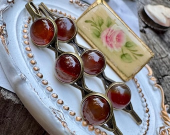 Carnelian Gemstone Hairpin Set – Antique Brass Bobby Pins, Coordinating Earrings (Set of 2)