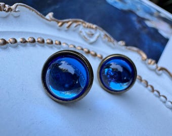 Cobalt Sapphire Glass Stud Earrings – Vintage Inspired Antiqued Brass Heirloom Studs