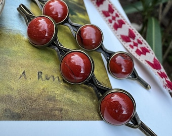 Red Jasper Hair Pins | Vintage Brass Bobby Pins, Set of 2, Natural Stone Cabochons
