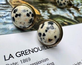 Dalmatian Jasper Stud Earrings - 10mm Antique Brass Posts - Natural Stone Gift Set