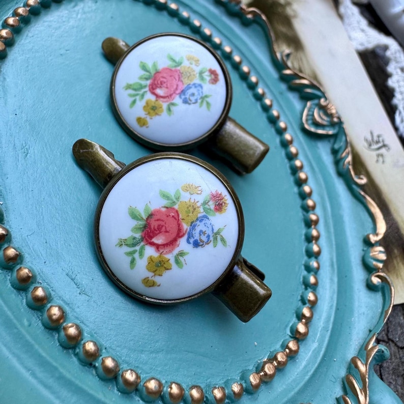 Vintage Floral Limoges Porcelain Hair Clips - Bridal Hair Clip Set - Cottagecore Accessories immagine 4