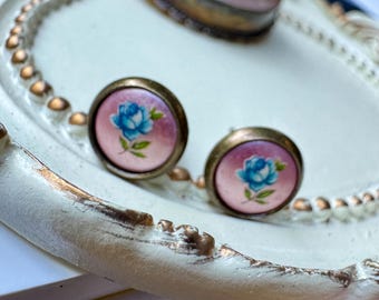 Vintage Japanese Rose Stud Earrings – NOS Floral Glass in Pink Blue or Green Yellow