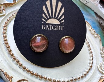 Cherry Quartz Stud Earrings - 10mm Peach-Rose Stone Studs - Vintage Brass Setting