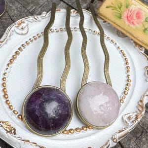 Rose Quartz & Amethyst Hair Fork Duo – Vintage Brass Two-Prong Forks, Natural Gemstone Hair Accessories, Heirloom Gift for Her