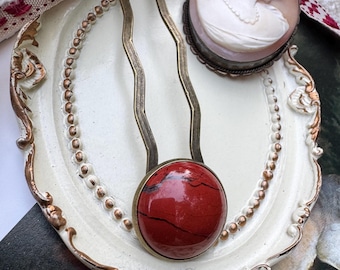 Red Jasper Hair Fork | Antique Brass Statement Hairpin