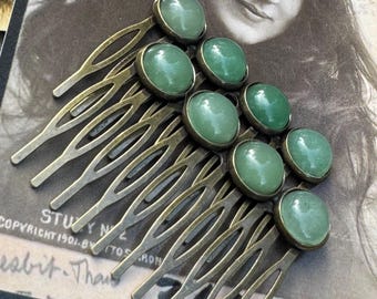 Green Aventurine Hair Combs: Vintage Style Antique Brass Crystal Set