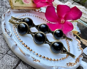 Black Agate Hair Pin Set - Natural Crystal Bobby Pins - Victorian Gothic Accessories