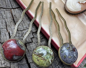 Dragon’s Blood Jasper Hair Fork – Antique Brass Two Prong Bun Pin