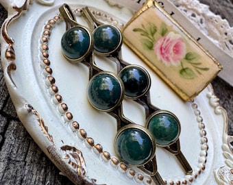 Moss Agate Hair Pins | Vintage Brass Hair Jewelry