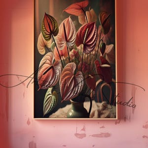 Pink & Red Anthurium Flowers Vintage Art Poster Large Anthurium Botanical Print  Instant Digital Download for Wall Decor | Version 1