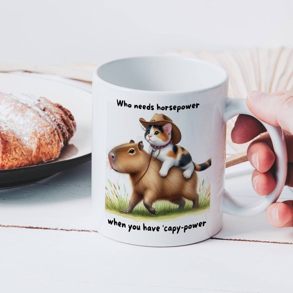Cat and Capybara Ceramic Mug Gift, (11oz, 15oz) Birthday Gift Coffee Cup -- Cute and Funny Kitten Riding Capybara like a Horse - Gag/Humor