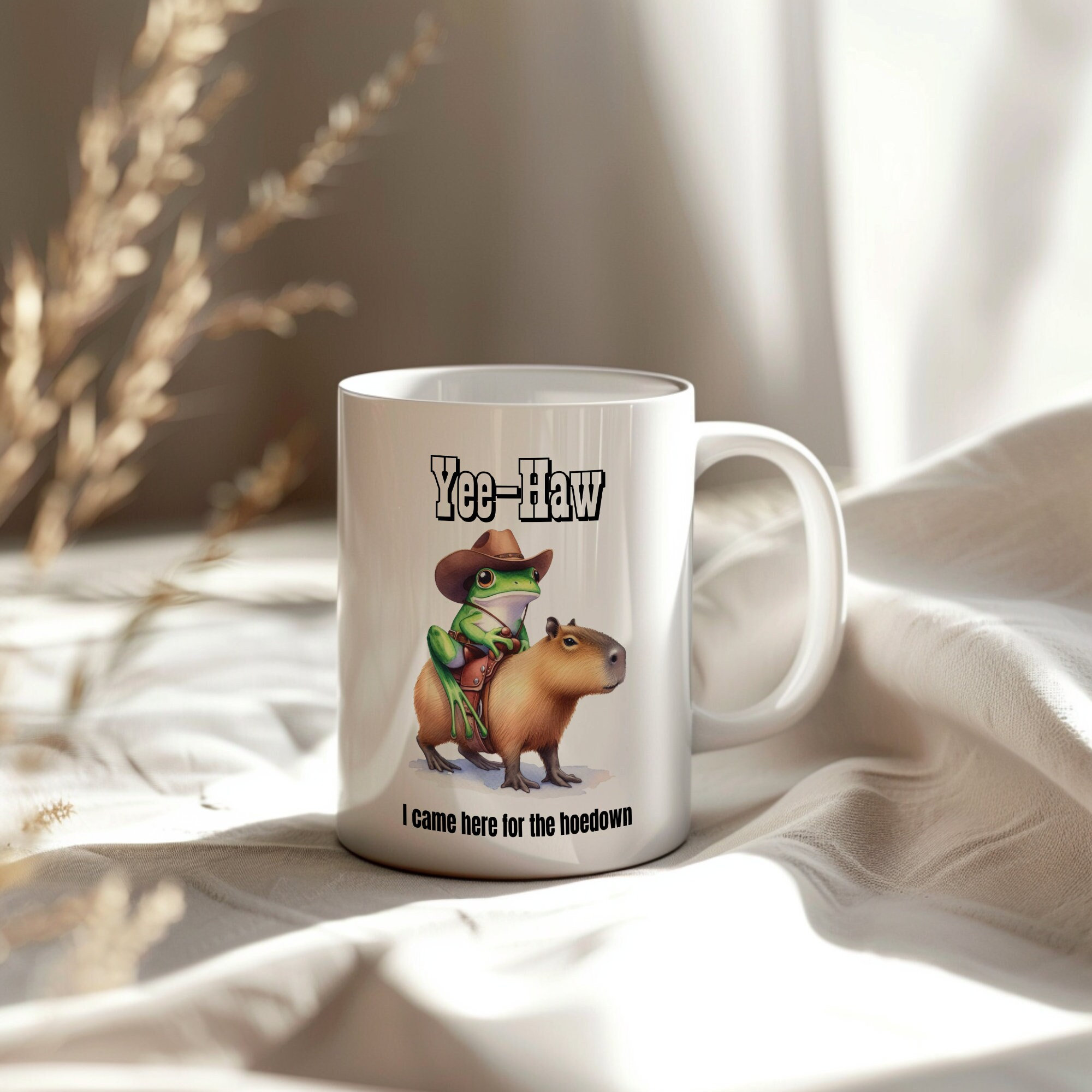 Funny Cowboy Frog Riding a Capybara Ceramic Mug Gift, (11oz, 15oz) Double-sided Yee-Haw Rodeo Hoedown -- Humorous Novelty Gag Gift