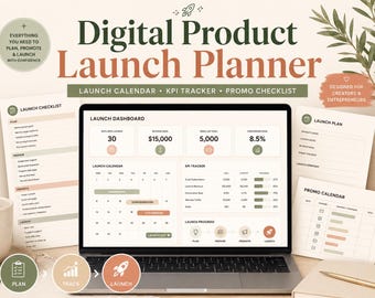 Digital Product Launch Planner, Launch Calendar, KPI Tracker (Google Sheets & PDF)