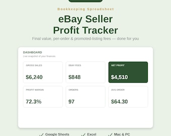eBay Seller Profit Tracker, Bookkeeping Spreadsheet (Google Sheets, Excel)