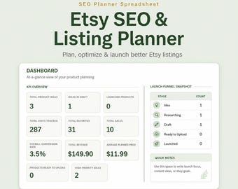 Etsy SEO Listing Planner Spreadsheet, Keyword Research Tracker (Google Sheets, Excel)
