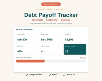 Debt Payoff Tracker, Snowball Avalanche Calculator (Google Sheets, Excel)
