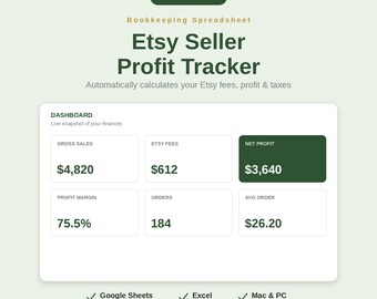 Etsy Seller Profit Tracker, Bookkeeping Spreadsheet, Income Expense Log (Digital Download)