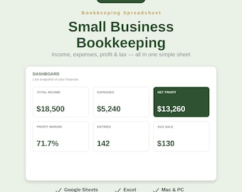 Small Business Bookkeeping Spreadsheet, Income Expense Tracker (Google Sheets, Excel)